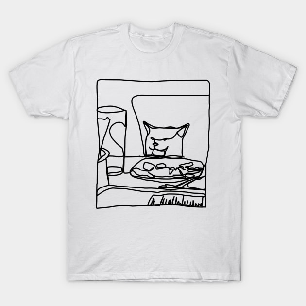 Half Memes Woman Yelling at Cat Black Line Doodle T-Shirt by ellenhenryart